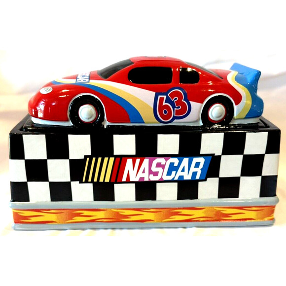 Vintage 2002 NASCAR #63 Large Cookie Jar Plaid Checker Design Gibson Racing - Picture 1 of 6